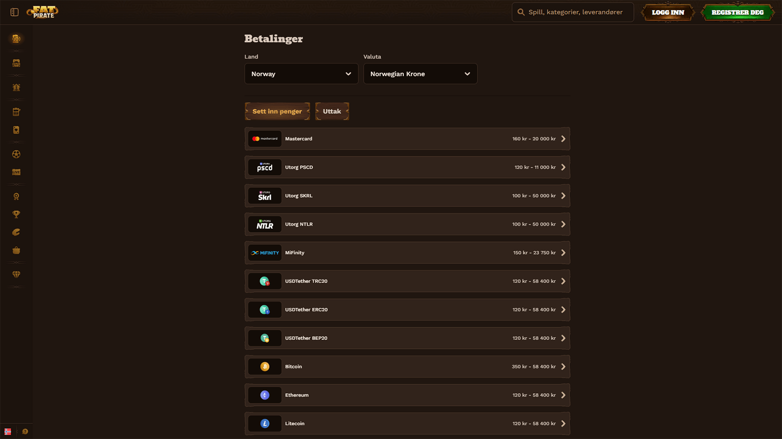 Betalingsmetoder for Innskudd hos FatPirate Casino