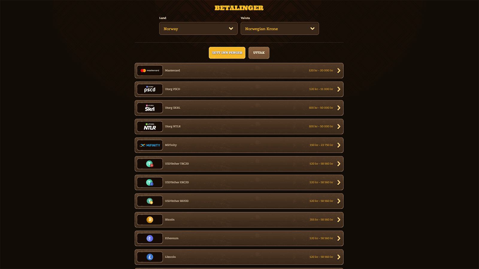 Betalingsmetoder hos Lizaro Casino 