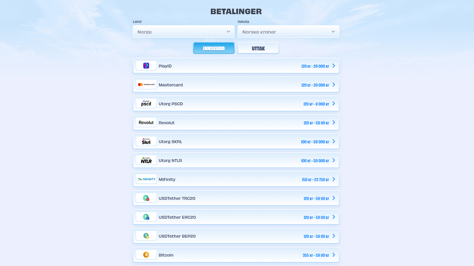 Betalingsmetoder hos OnlySpins Casino 