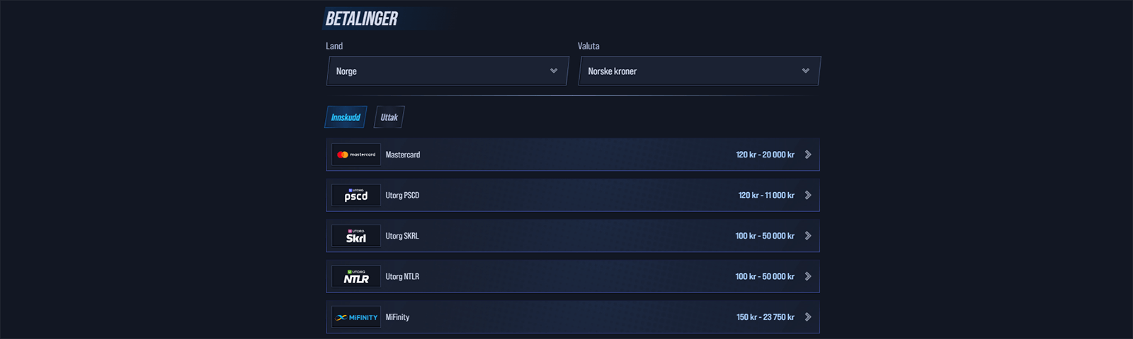 VegasHero Casino Betalingsmetoder