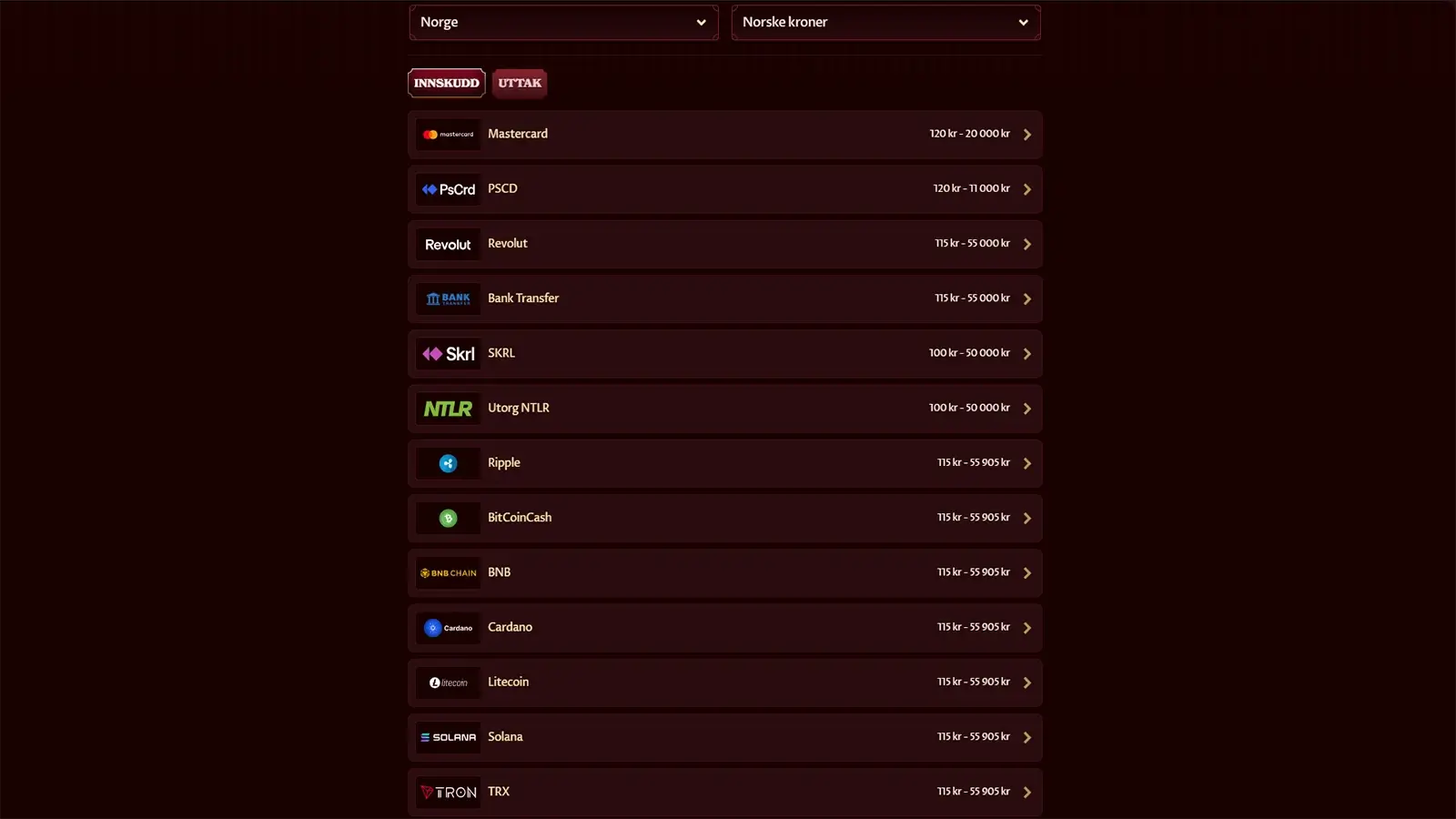 Casoola Casino Innskuddsmetoder i Norge 