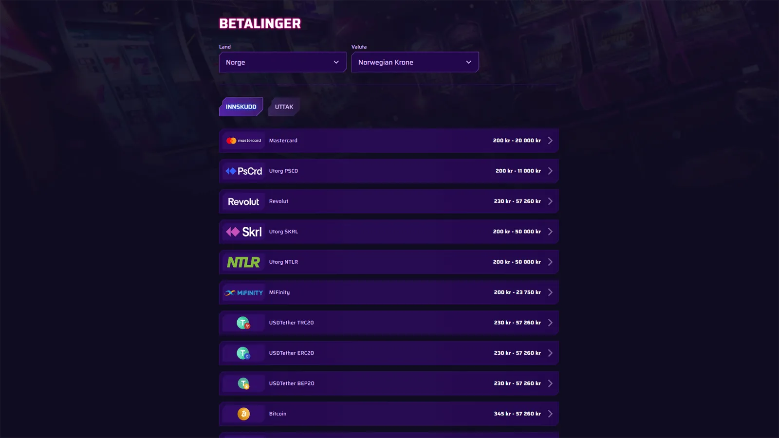 Roby Casino Betalingsmetoder i Norge