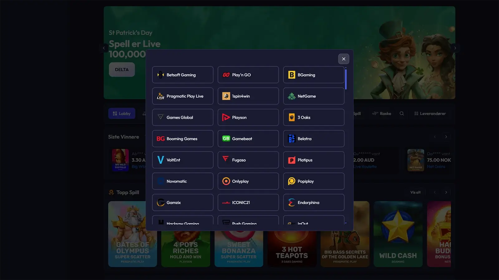 Spinrise Casino utvalg av leverandorer i Norge 