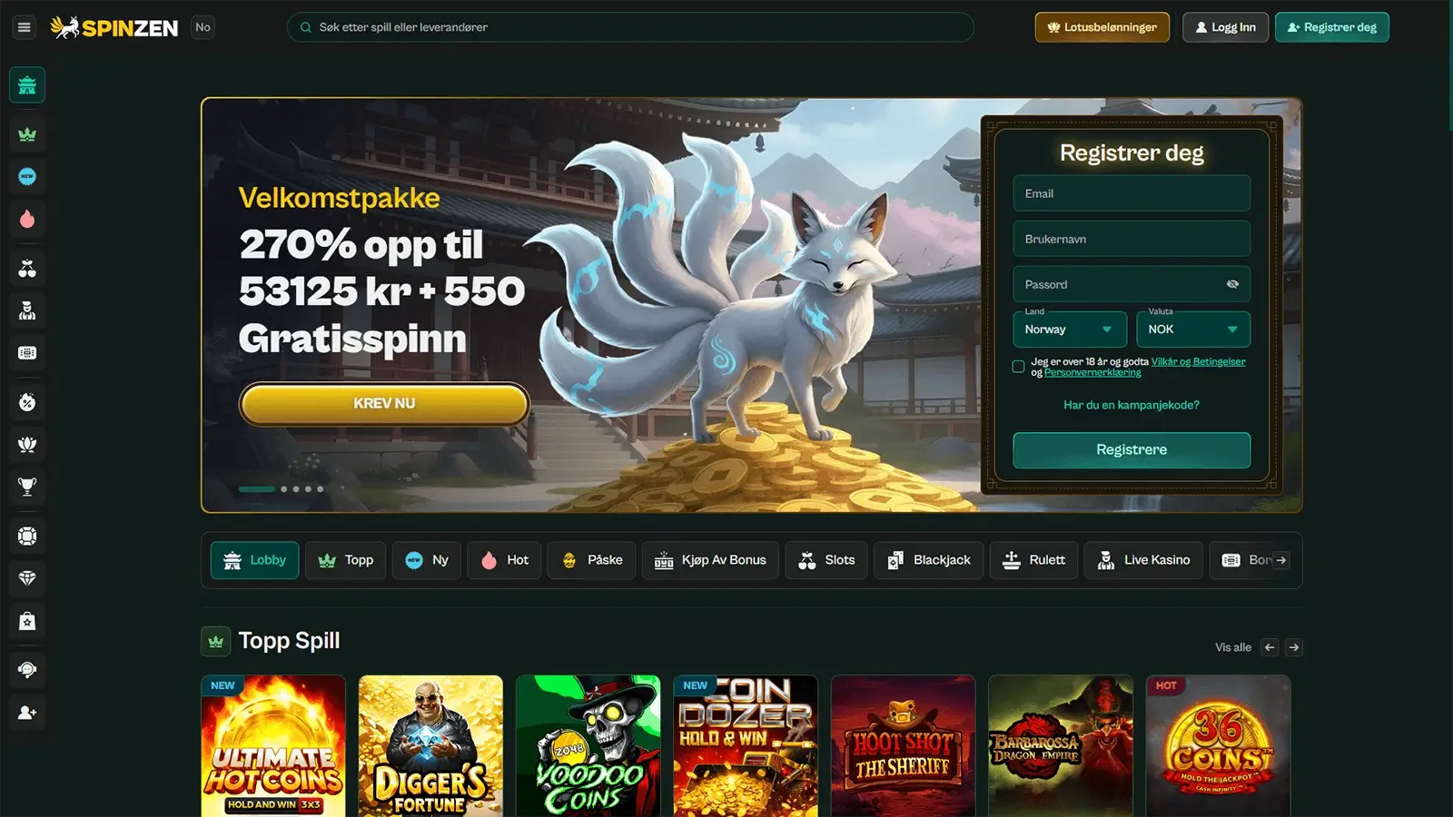 Spinzen Casino hjemmeside i Norge 