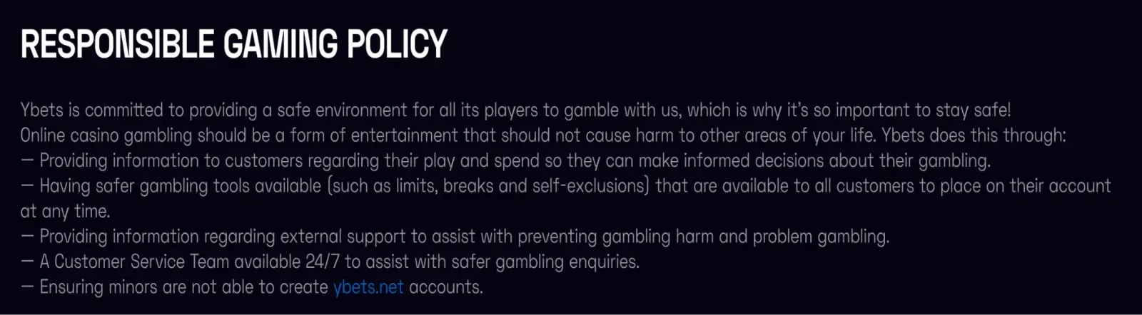 Ybets Responsible Gaming Policy